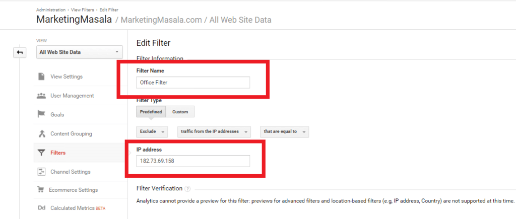 Google Analytics add filter